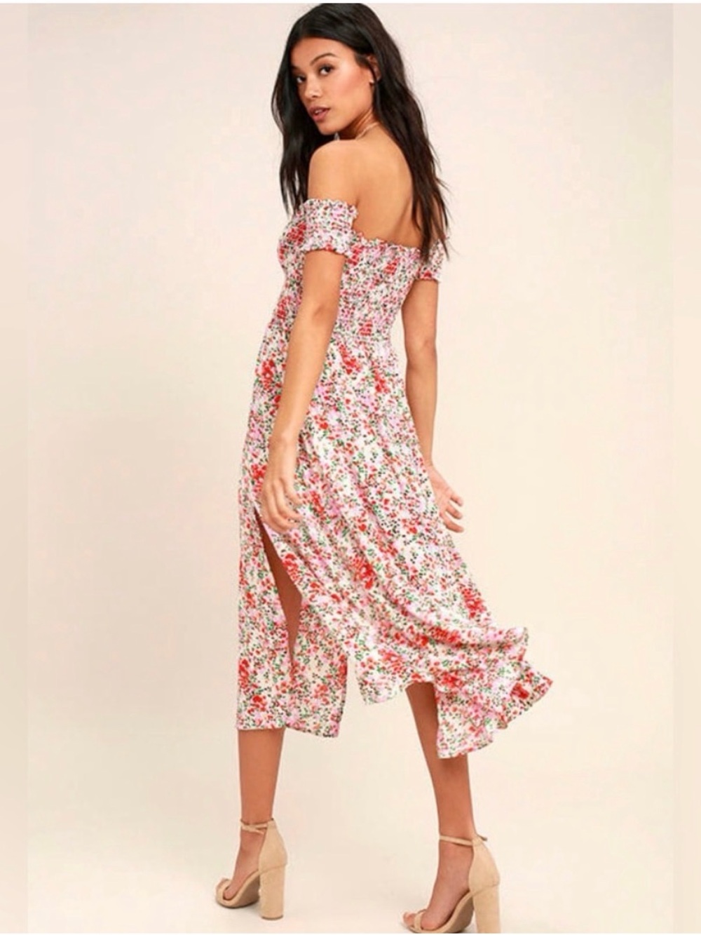 Lulus View from the Meadow Off-Shoulder Floral Midi Dress